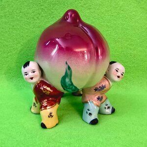 Vtg Chinese Wucai Porcelain Children Lifting Shou Tao Peach Statue Beautiful